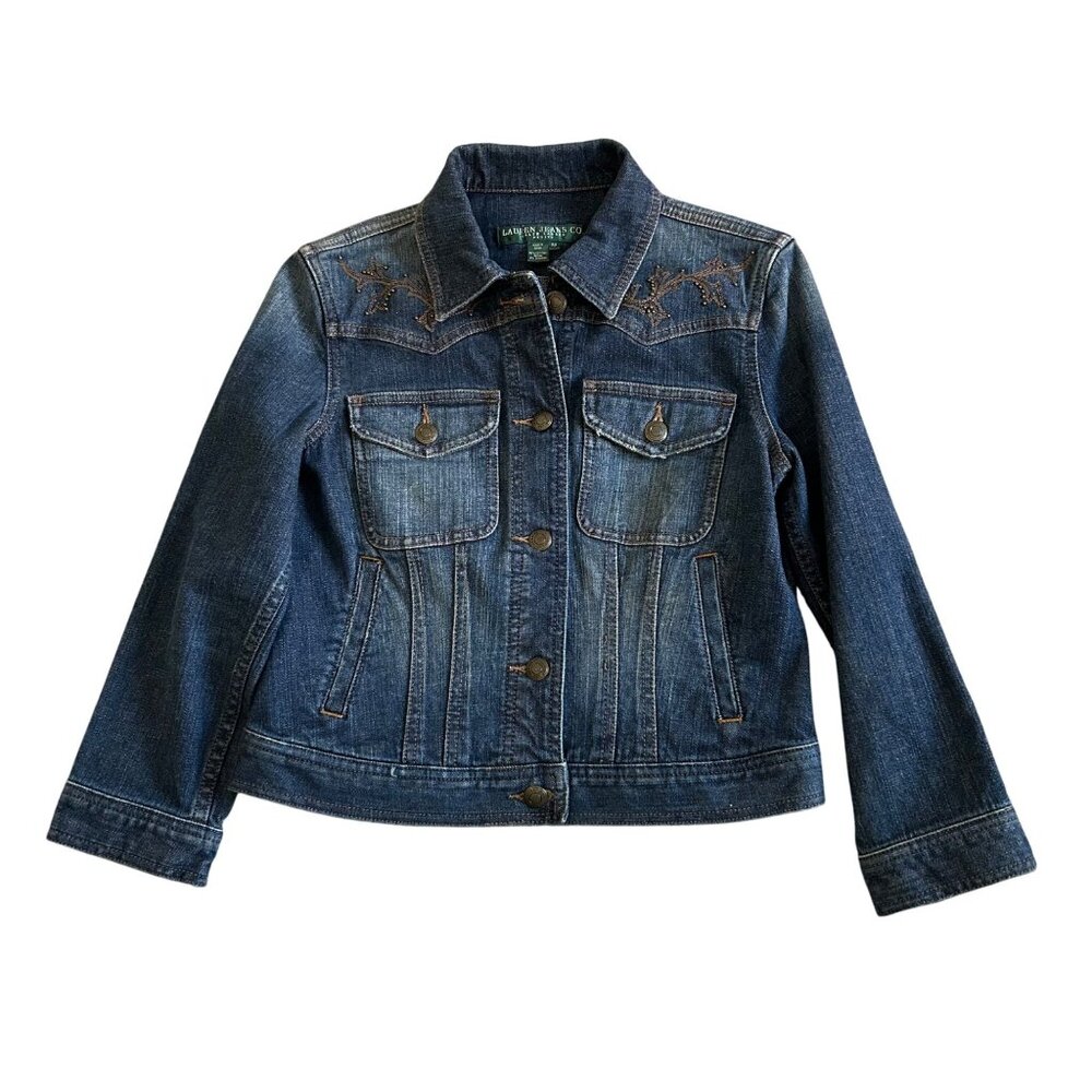 Lauren Jeans Co. Petite Women SP Denim Jacket With Embroidered Floral Details
